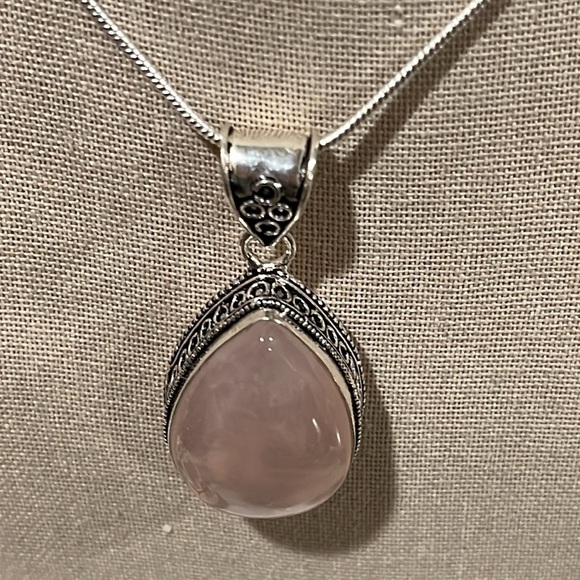 VINTAGE SETTING SILVER OVERLAY STATEMENT PENDANT ROSE QUARTZ - Picture 6 of 6